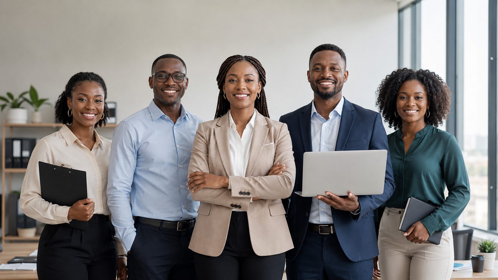 Equipa de cinco profissionais africanos sorridentes num escritório moderno